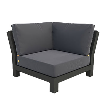 Nevada Corner Chair with durable powder-coated aluminum frame and weather-resistant Canvas Soot cushions for outdoor comfort.