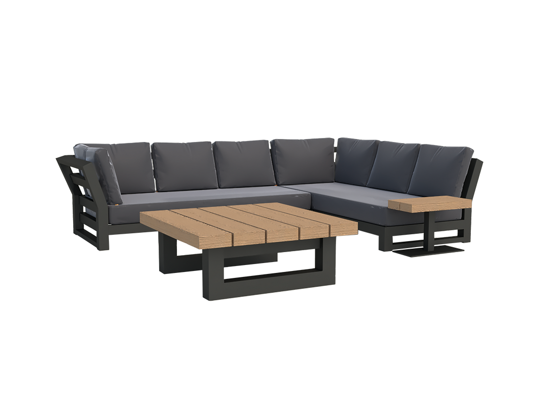 Nevada Corner Chair with powder-coated aluminum frame, Sunbrella cushions in Canvas Soot, and wooden coffee table outdoors.