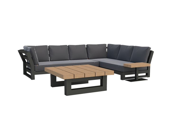 Nevada Corner Chair with powder-coated aluminum frame, Sunbrella cushions in Canvas Soot, and wooden coffee table outdoors.