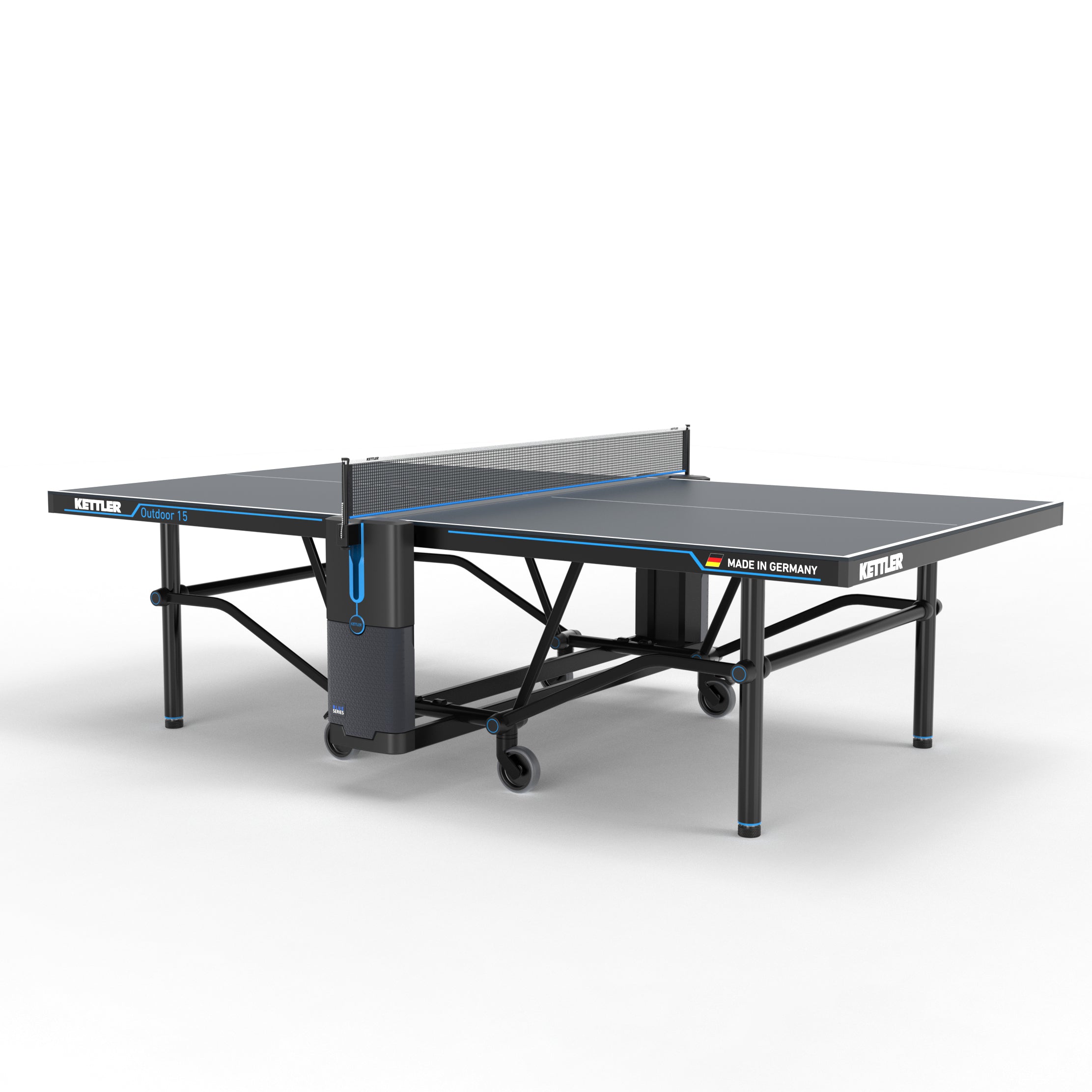 Made in Germany outdoor table tennis table in play position 