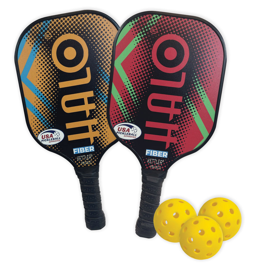 HALO® Pickleball Set with two carbon fiber fiberglass paddles, three yellow balls, and USA Pickleball approved design.