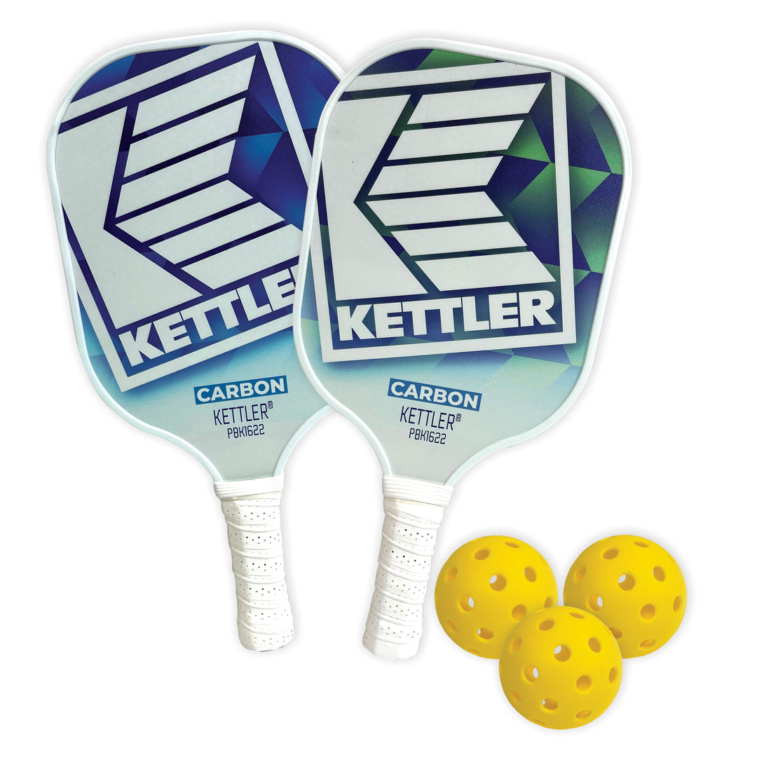 KETTLER® Carbon Tech Pickleball Set with two carbon paddles, three yellow balls, and white grip handles.