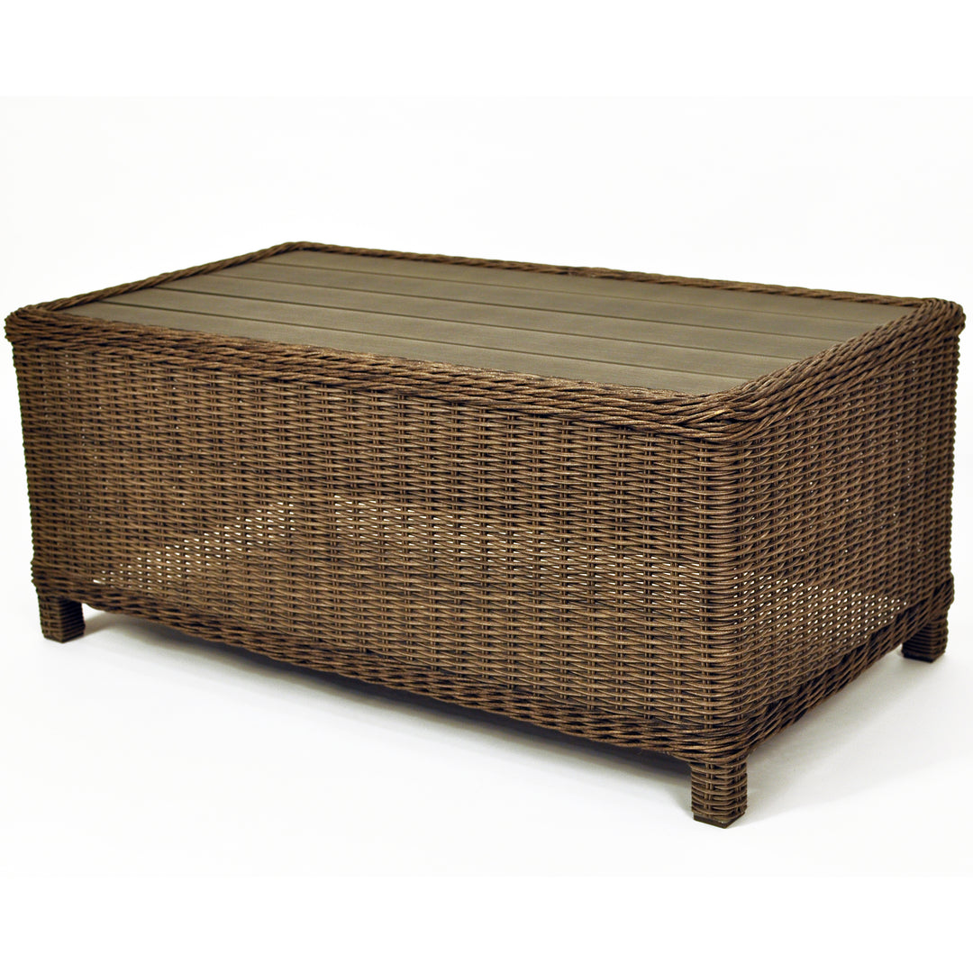 Palma Wicker Coffee Table with handwoven weatherproof rattan wicker and maintenance-free faux wood brushed aluminum top.