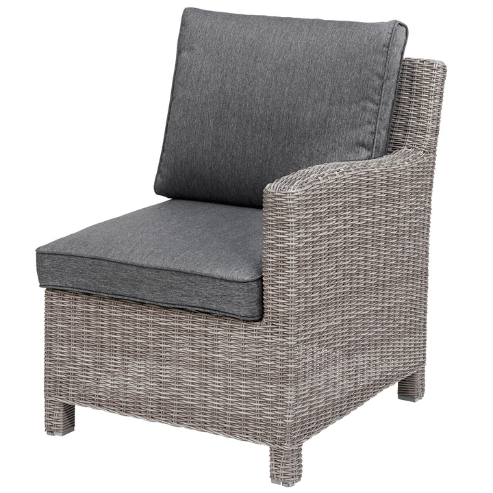 Palma Modular Wicker Right Arm Chair with gray cushions, handwoven wicker, and aluminum frame for outdoor use.