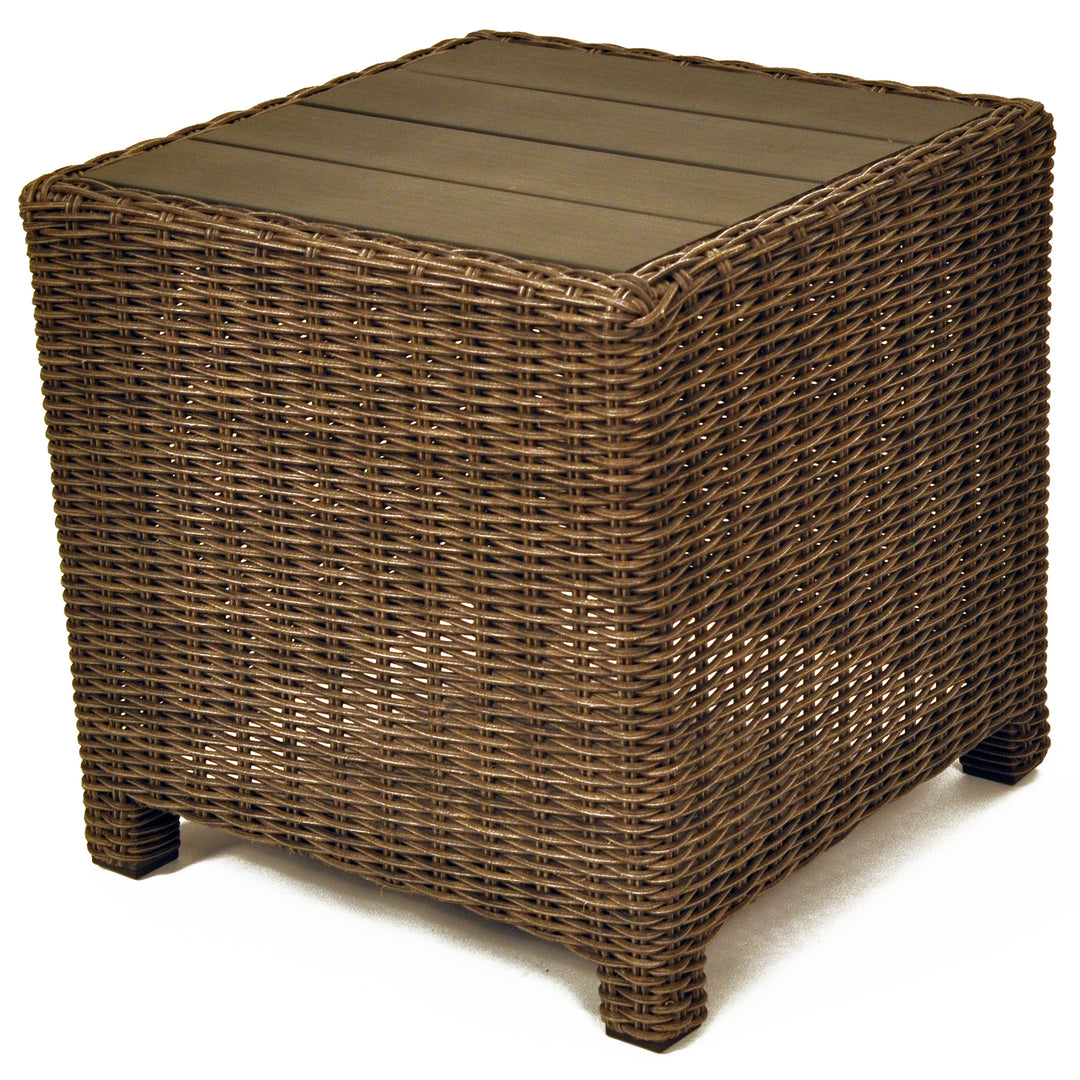 Palma Wicker Side Table with handwoven weatherproof rattan, dark oak recycled top, and sturdy aluminum frame.