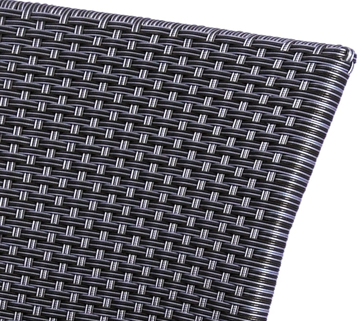Close-up of silver grey woven backrest on Pilano Woven Stackable Arm Chair with iron grey aluminum frame