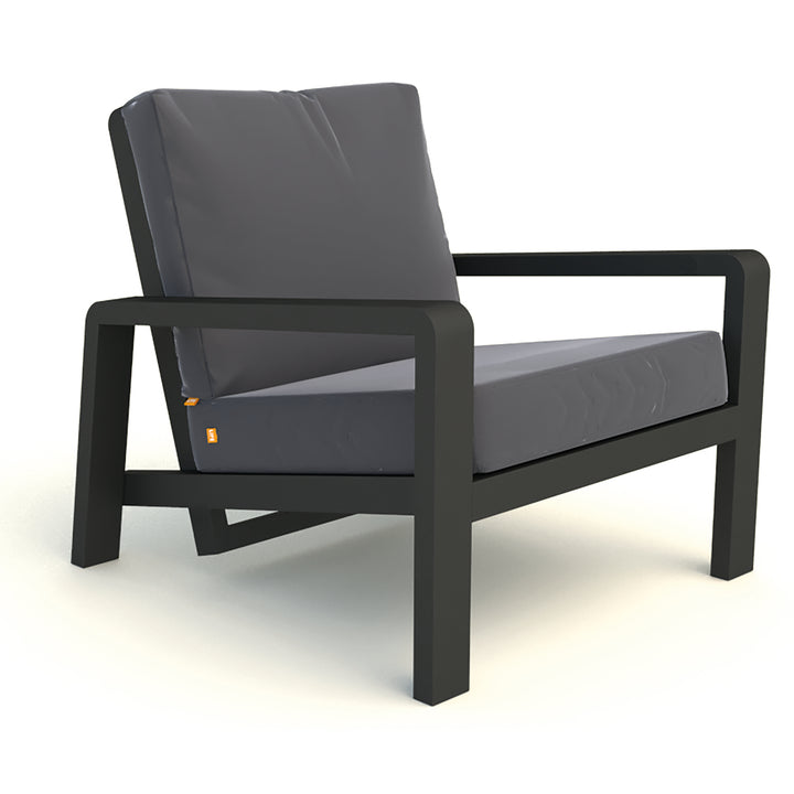 Boston Select Reclining Lounge Chair with charcoal cushions and black powder-coated aluminum frame in a reclined position.
