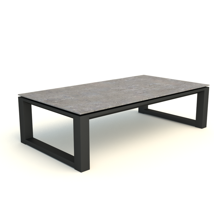 Primavera Coffee Table with sturdy lava aluminum frame and durable concrete look ceramic top, perfect for outdoor use.