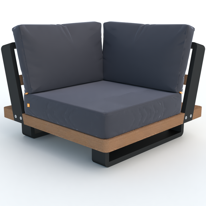Fitz Roy Teak Corner Chair with robust teak wood, lava aluminum frame, and dark charcoal cushions for outdoor comfort.