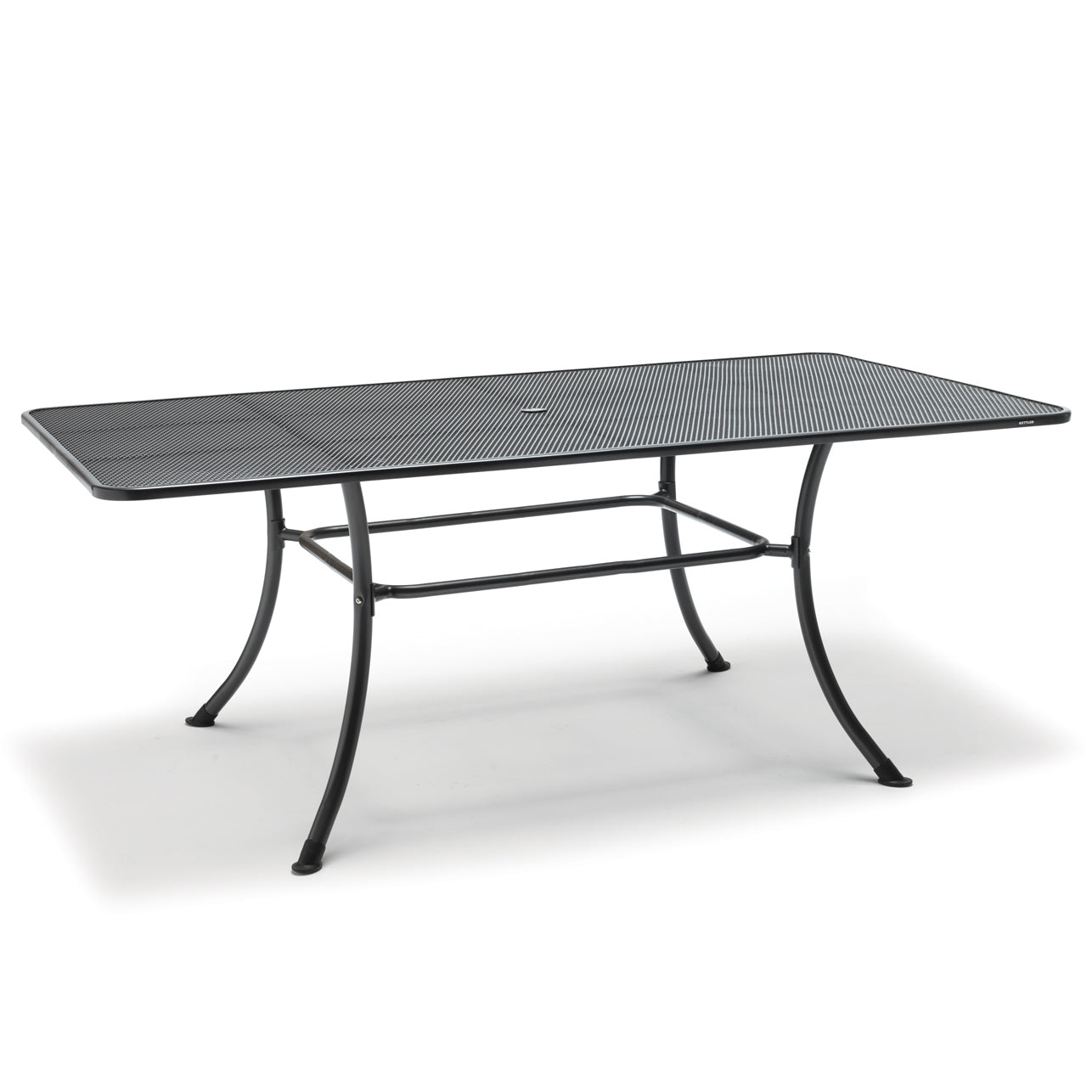 Rectangular wrought iron table with umbrella hole and built in floor levelers
