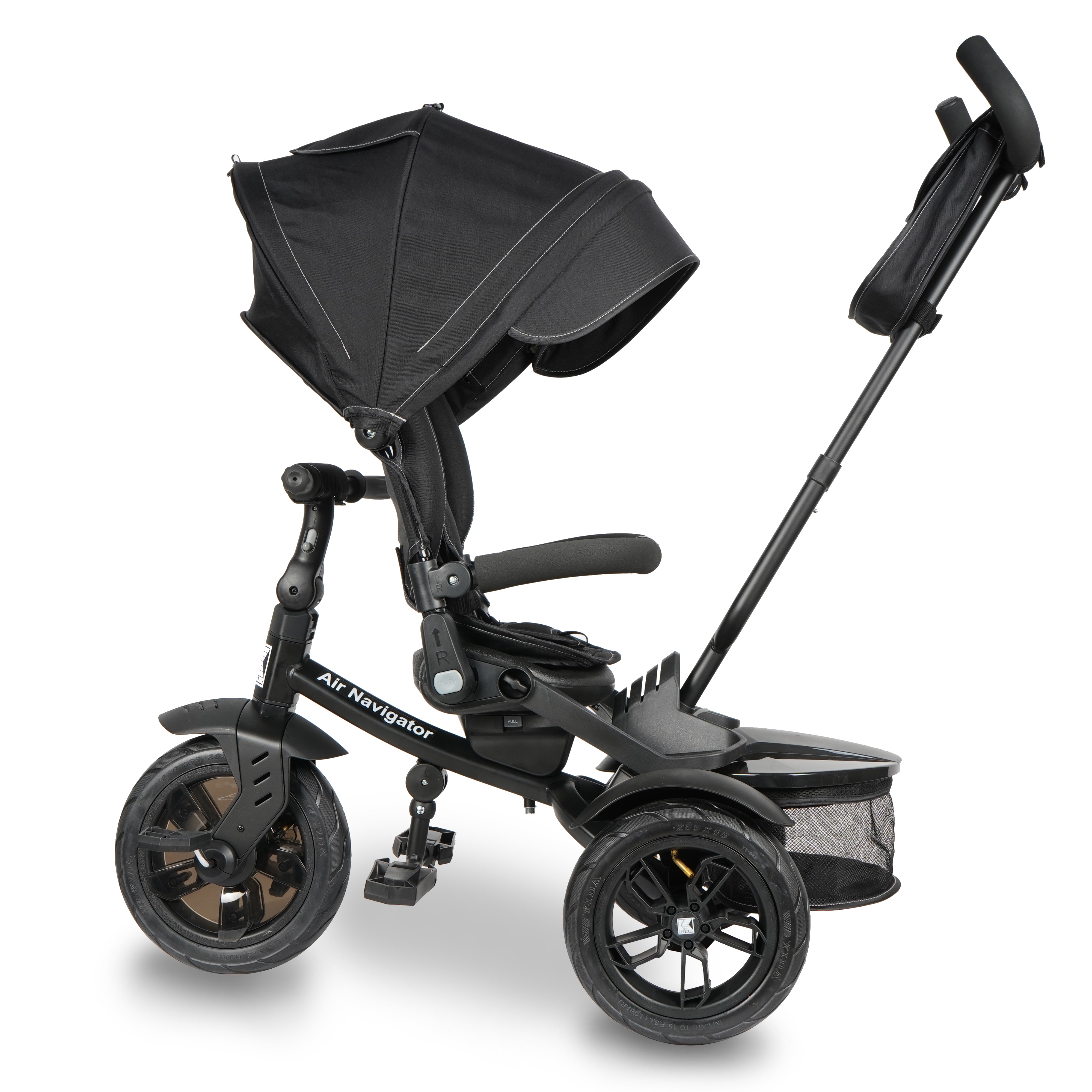 The KETTLER Air Navigator 6 in 1 Trike's function grows with your kids from 10 to 72 months. It features a rotating and reclining seat with a removable footrest and a 5-point safety harness to keep your little one safe.  You can put diapers or toys in the push bar bag and also large rear basket. The adjustable telescopic parent handle, foot brake and freewheeling function allow you to easily steer and control in the parent mode.