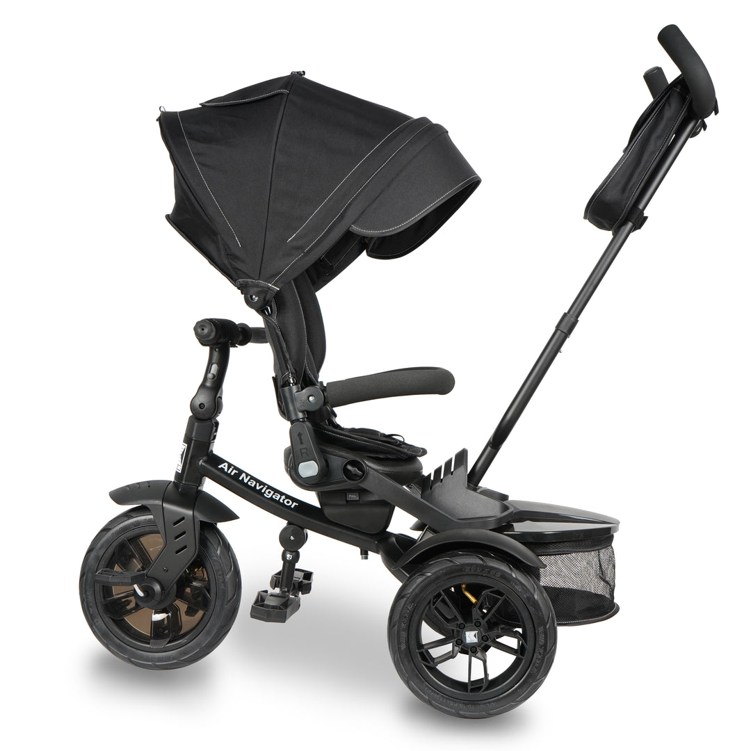 KETTLER Air Navigator 6-in-1 Tricycle in black with adjustable handle, canopy, and storage basket for ages 10-72 months.