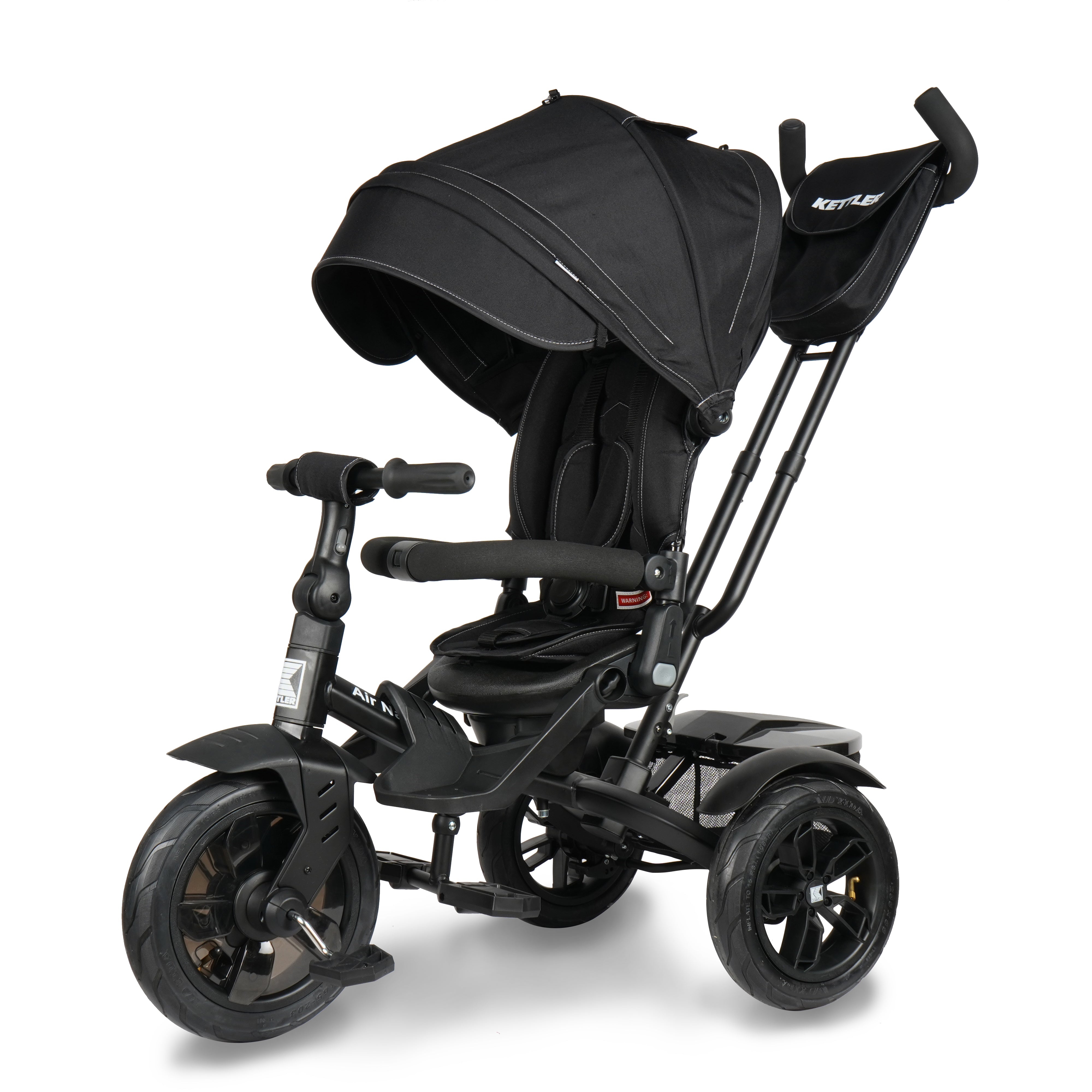 The KETTLER Air Navigator 6 in 1 Trike's function grows with your kids from 10 to 72 months. It features a rotating and reclining seat with a removable footrest and a 5-point safety harness to keep your little one safe.  You can put diapers or toys in the push bar bag and also large rear basket. The adjustable telescopic parent handle, foot brake and freewheeling function allow you to easily steer and control in the parent mode.