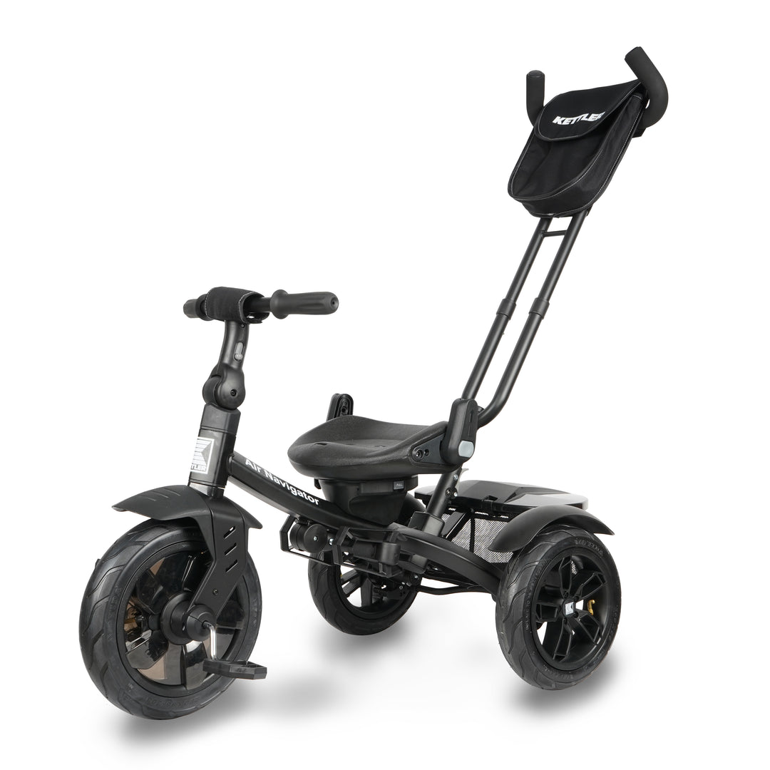 KETTLER Air Navigator 6-in-1 Tricycle in black with adjustable parent handle and storage basket for kids 10-72 months.