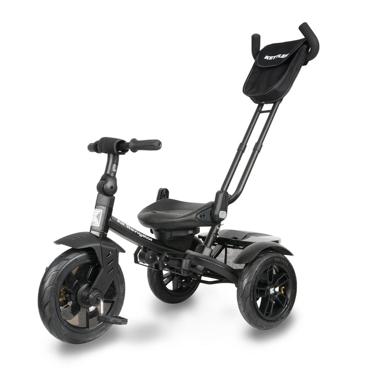 KETTLER Air Navigator 6-in-1 Tricycle in black with adjustable parent handle and storage basket for kids 10-72 months.