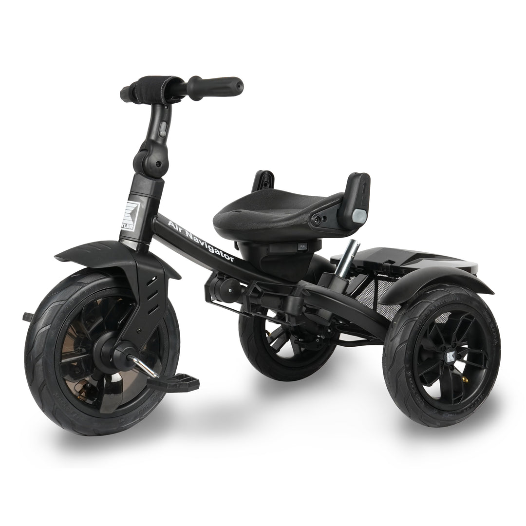 KETTLER Air Navigator 6-in-1 Tricycle in black with adjustable seat, three wheels, and sturdy frame for toddlers.
