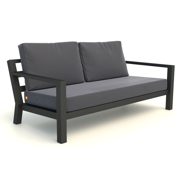 Timber Loveseat with lava aluminum frame and natte charcoal Sunbrella cushions for durable outdoor comfort.