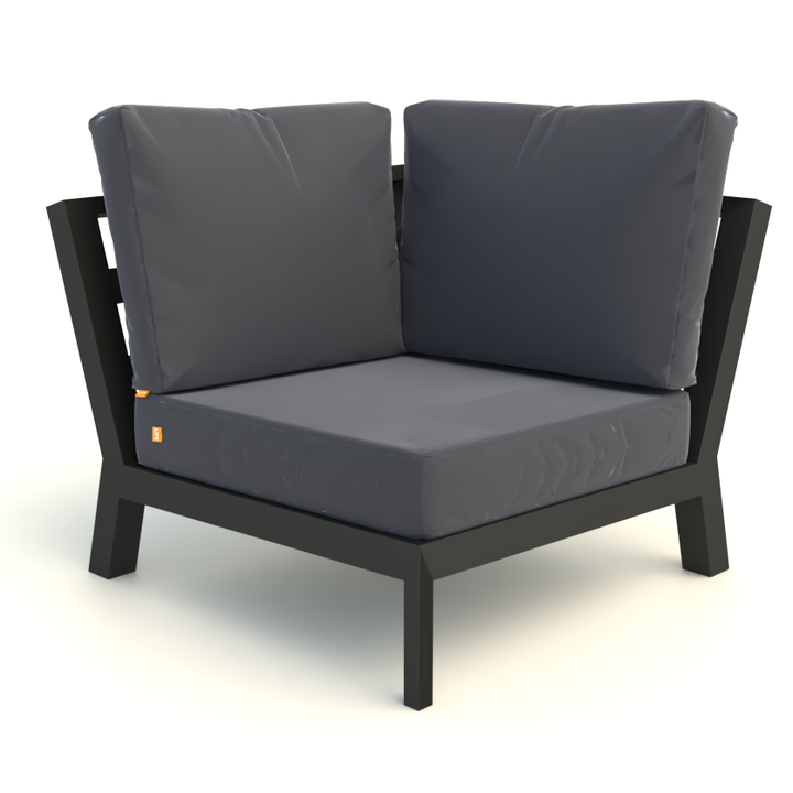 Timber Corner Chair with charcoal cushions, black aluminum frame, and modern outdoor corner seating design.