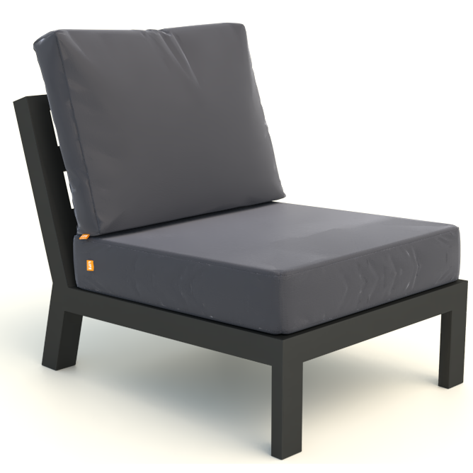Timber Armless Chair with charcoal cushions, powder-coated aluminum frame, and modern outdoor design.