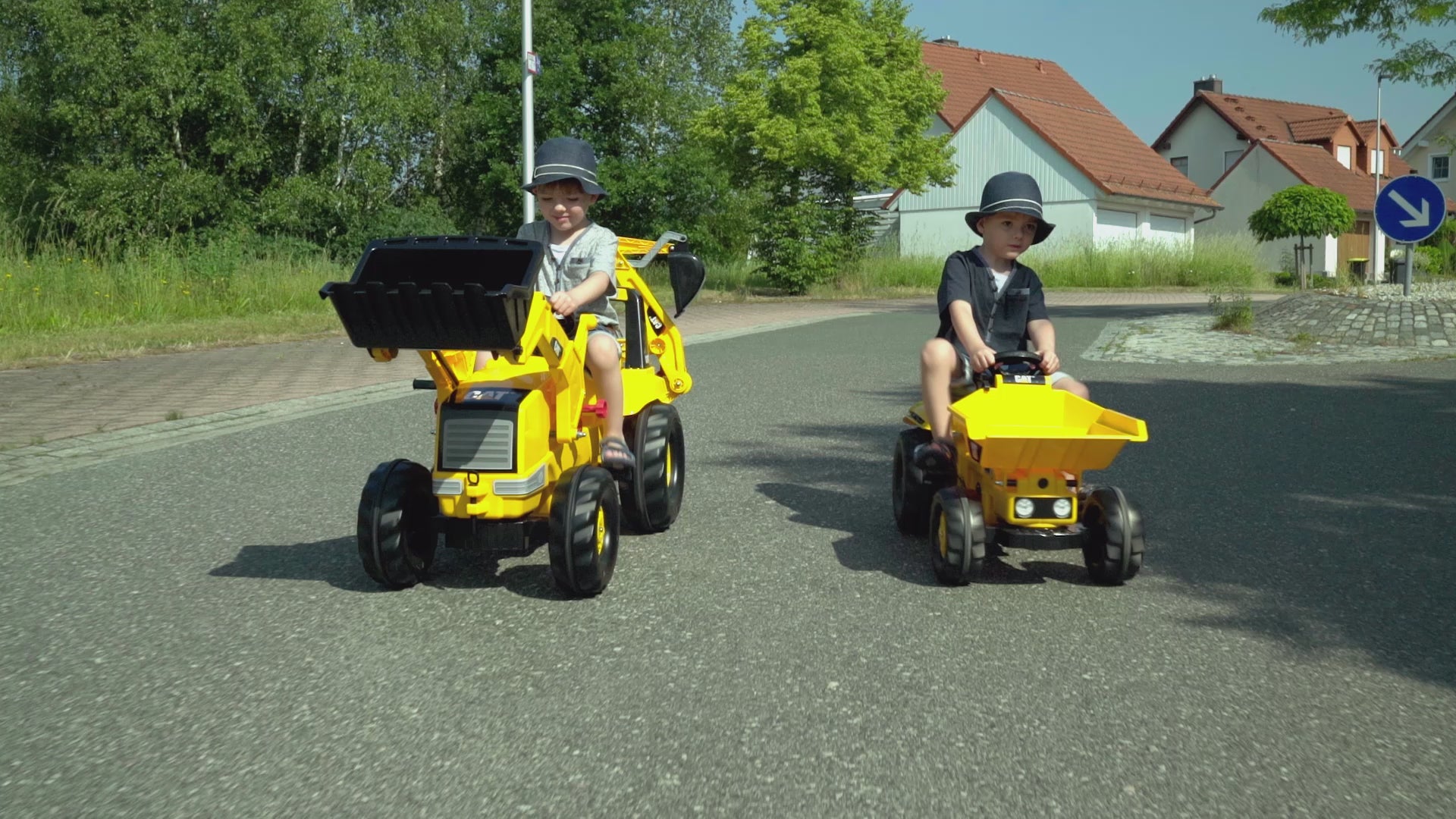 Lifestyle video of the Caterpillar brand featuring the CAT ride on tractor with digger and front loader