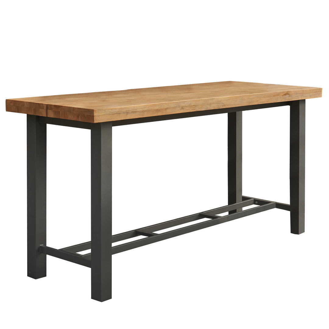 Canada Bar Height Dining Set with durable aluminum frame and teak top, featuring integrated foot bars and industrial design.